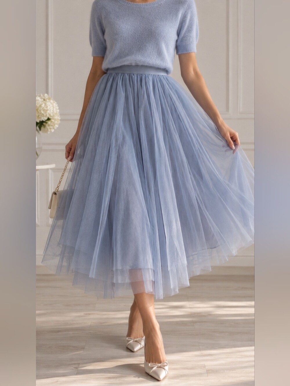 Haute Monde Light Blue Tulle Midi Skirt